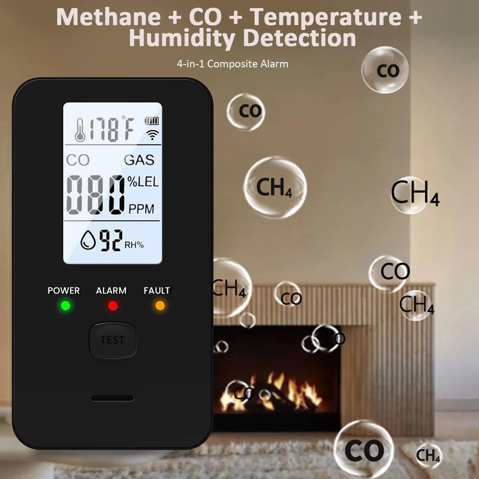 Combination Natural Gas Detector & Carbon Monoxide Detector, 4-in-1 Carbon Monoxide Alarm,Propane,Methane for Home,RV,Apartment Qme