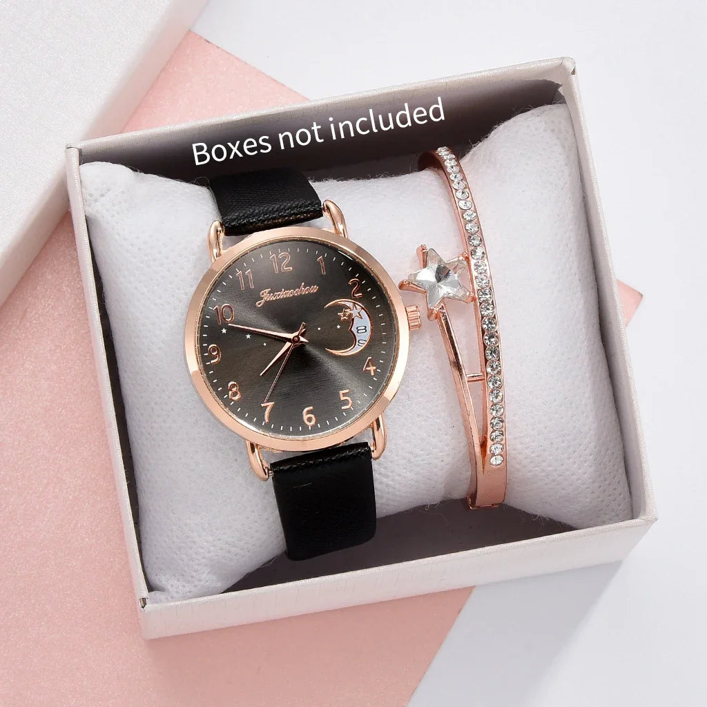 2PCS Fashion Moon Dial Women Quartz Watch Bracelet Set Casual Leather Strap Ladies Wristwatch Reloj Mujer（Without Box） Qme Black No Box