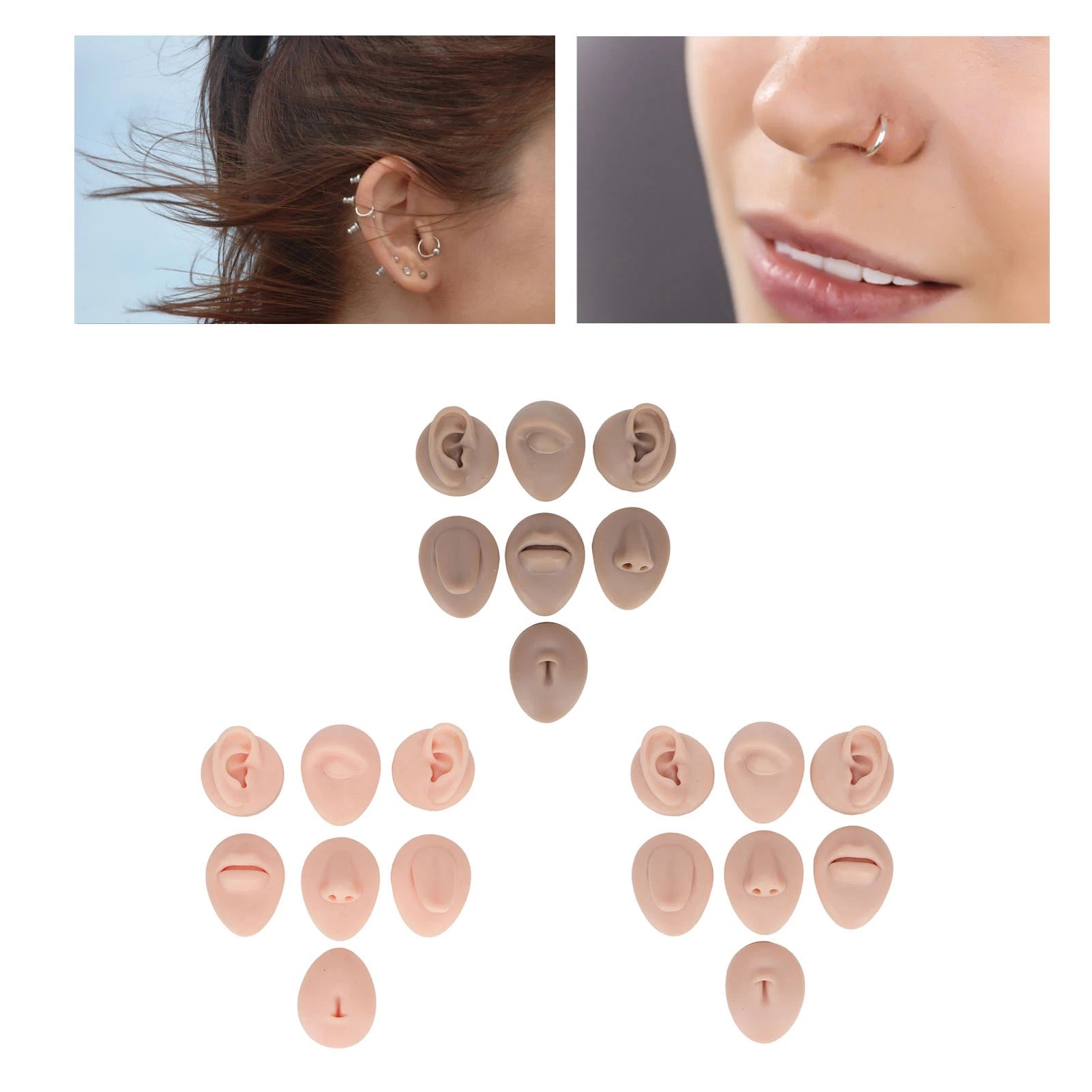 Silicone Eye Model Silicone Body Practice Model Simulation Silicone Ear Eye Nose Mouth Tongue and Belly Button Model for Novice Qme