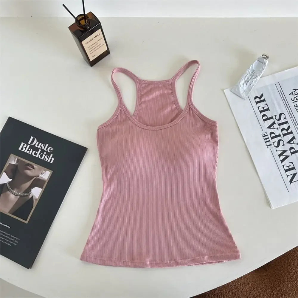 Women Underwear Wire-free Tank Crop Top Sexy Camisole Solid Color Chest Pad Tee American Retro Sleeveless Slim Tank Top Qme PK One Size