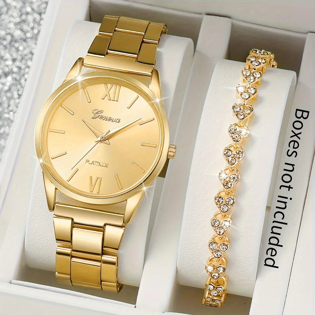 2pcs/set Golden Fashion Quartz Watch Business Minimalist Steel Band Wrist Watch & Bracelet, Gifts For Women Her Qme