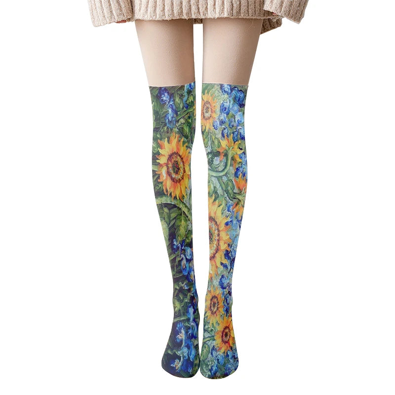 Van Gogh Retro Oil Painting Thigh Stockings Starry Sky Sunflower Qme style12 One Size