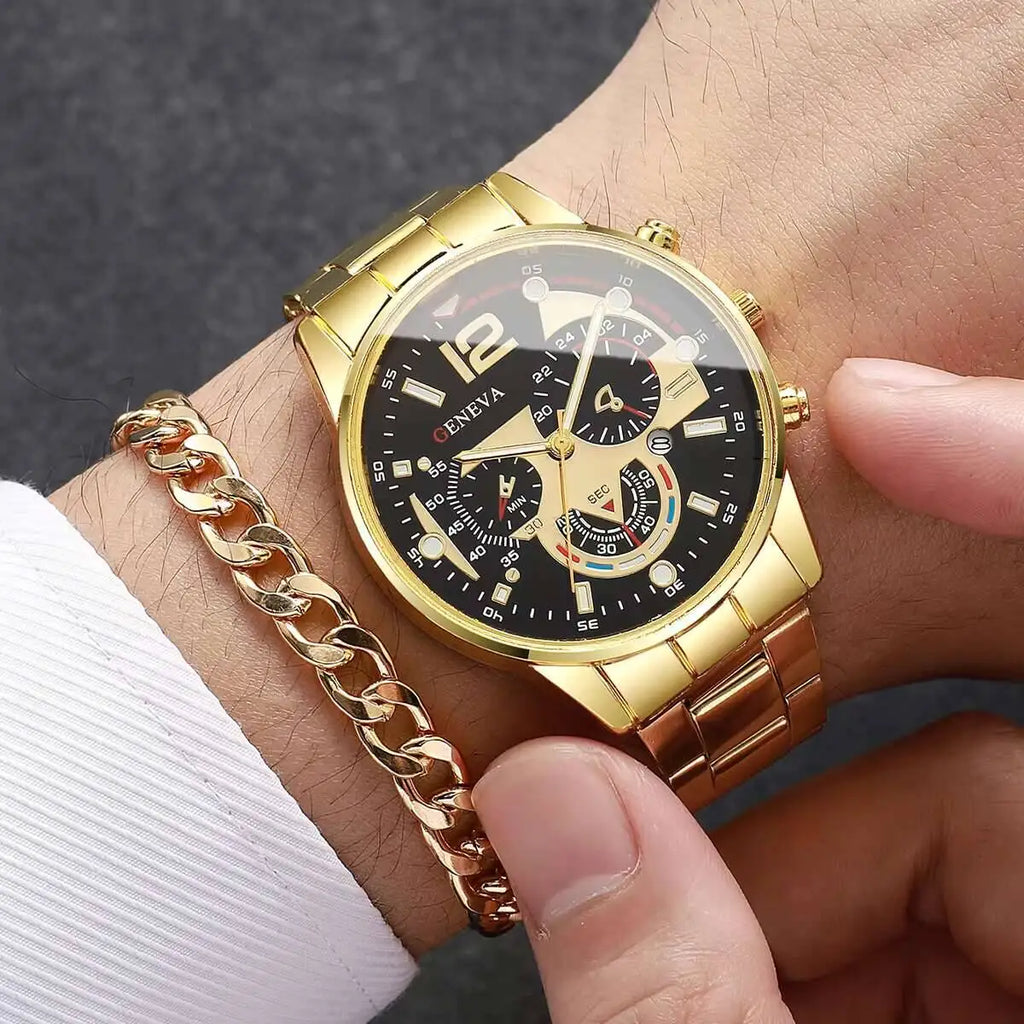 Business Men's Watch Calendar Watch Men's Steel Belt Watch Cross Bracelet Set Trendy Men's Accessories Qme