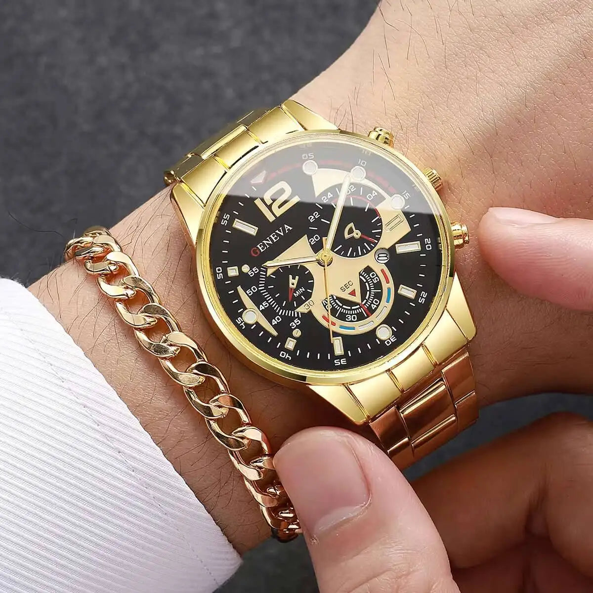 Business Men's Watch Calendar Watch Men's Steel Belt Watch Cross Bracelet Set Trendy Men's Accessories Qme