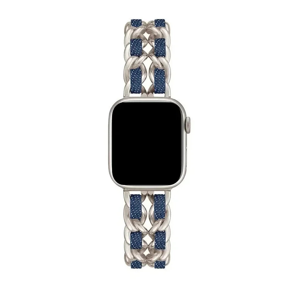 Luxury Metal Denim Strap For Apple Watch Band Ultra 2 1 49mm 41 45mm 38 42mm 44 40mm Bracelet For iWatch 9 8 7 SE 6 5 4 3 Women Qme Starlight-DU 42mm 44mm 45mm 49mm
