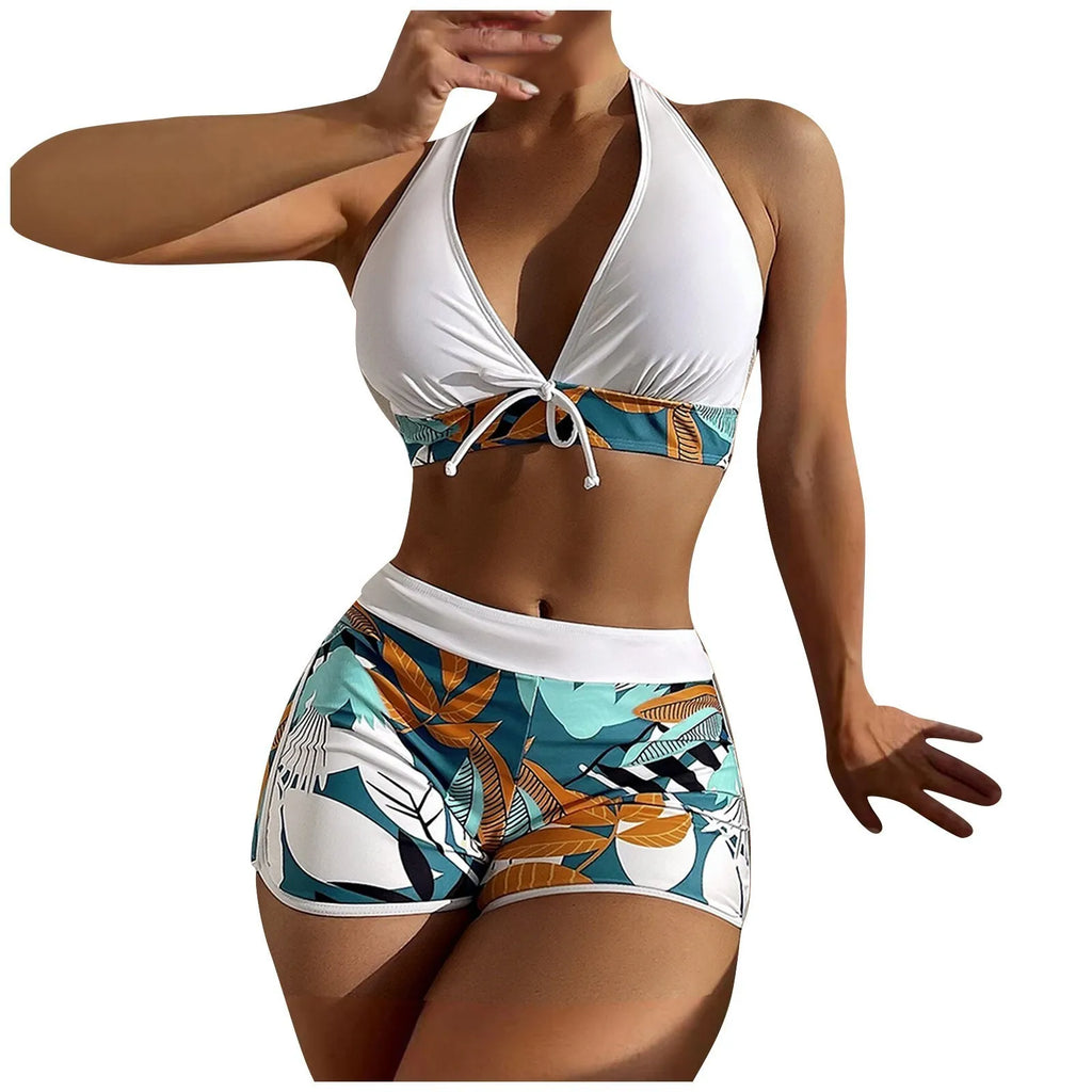 Women's Paneled Printed Swimsuit Ladies Fashion Sexy Split Boxer High Waist Swimsuit Two-Piece Set V-Neck Bathing Suits Female Qme