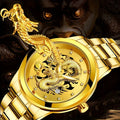 Fashion Men's Watch Chinese Dragon Golden Watch Stainless Steel Calendar Quartz Watch Qme Bronze No