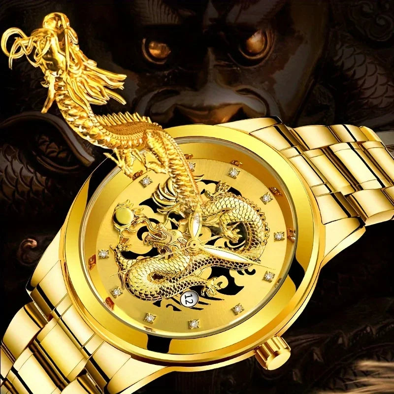 Fashion Men's Watch Chinese Dragon Golden Watch Stainless Steel Calendar Quartz Watch Qme Bronze No