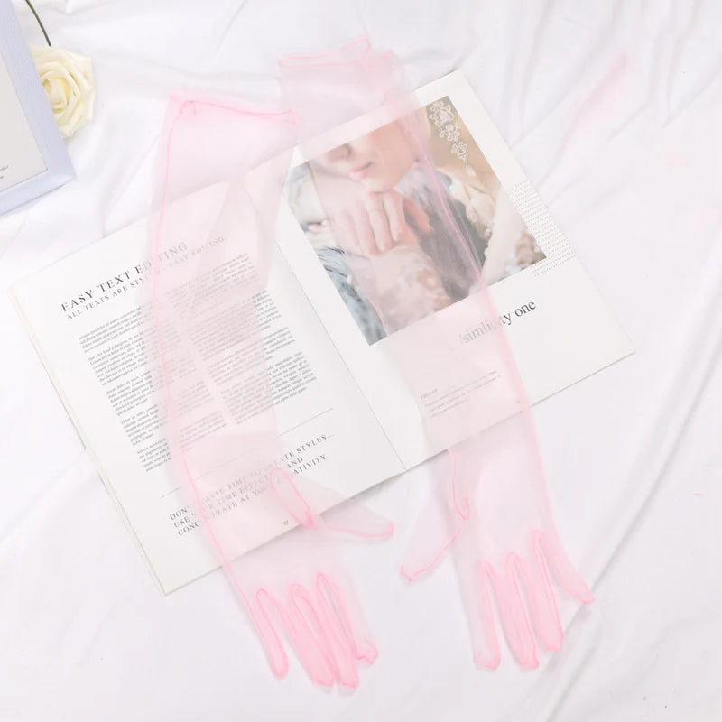 Women Sexy Lace Gloves White Black Mesh Ultra Thin Elastic Lady Qme pink 55cm