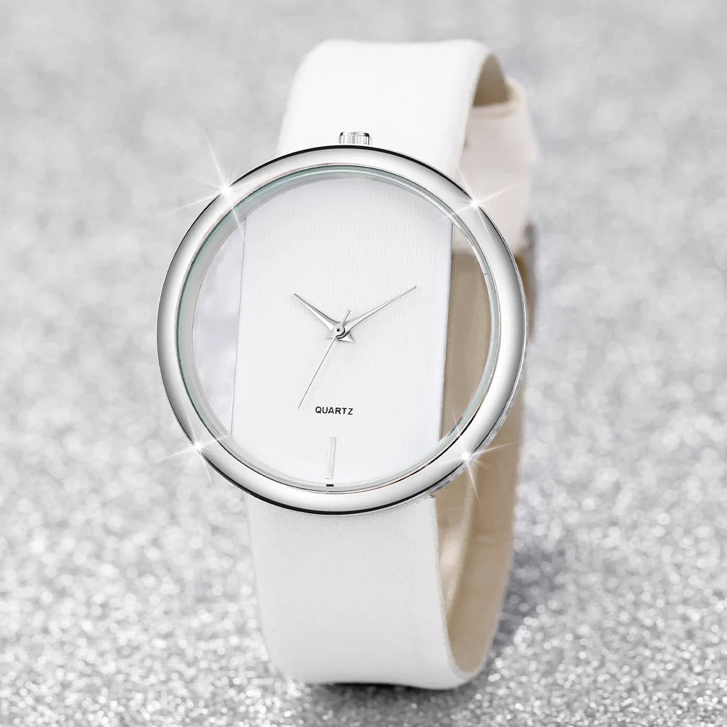 2PCS/Set Women's Watch Pearl Diamond Bracelet Set Fashion Hollow Dial Leather Band Quartz Watches Qme