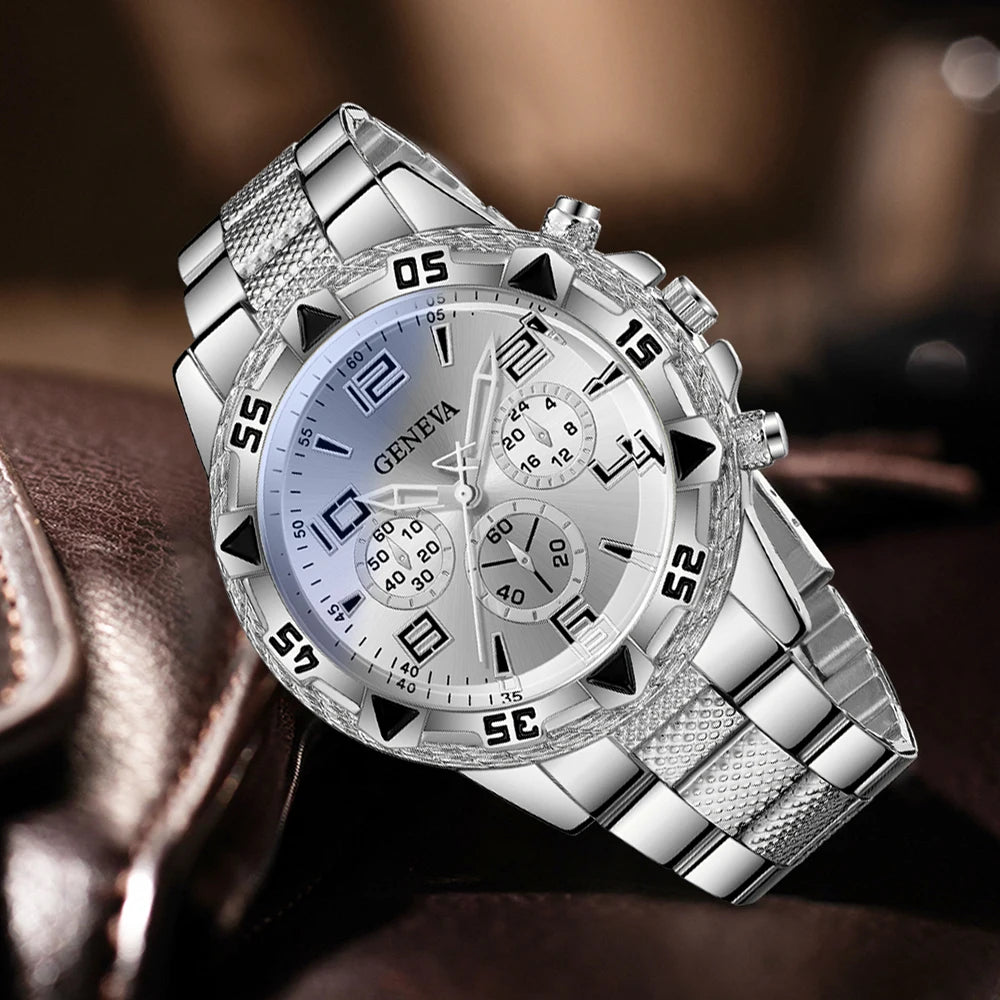 Geneva silver plate three eyed men's steel strap watch full diamond Cuban bracelet necklace three piece set, Qme