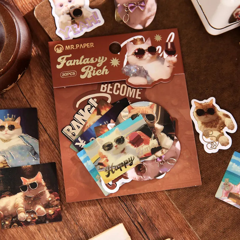 Funny Cartoon Cats Theme Sticker Pack 30 Sheets/Bag for Scrapbooking DIY Collage Material Background Decoration Journal Supplies Qme