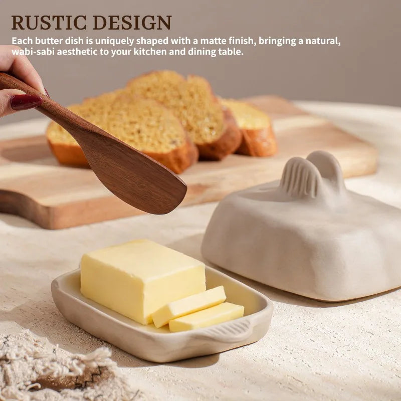 Handmade Coarse Ceramic Butter Dish Lid Creative Textured Rectangular Qme