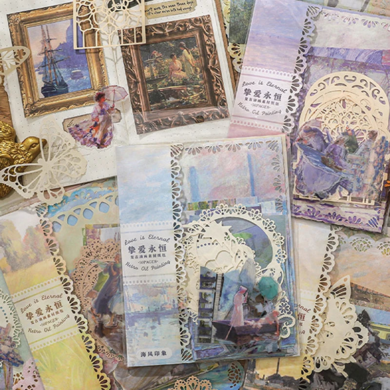 Impressionist Figure & Landscape Art Material Pack, Oil Painting Style with Scrapbook Paper, Stickers, Ideal for Junk Journal Qme