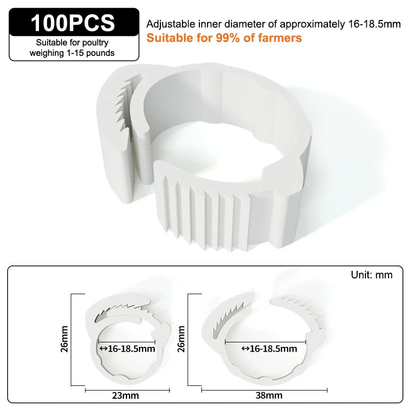 100Pcs 16~18.5mm Chicken Foot Rings Adjustable Poultry Leg Snap Ratchet No Number Buckle Clip Chick Duck Goose Pigeon Raising Qme White