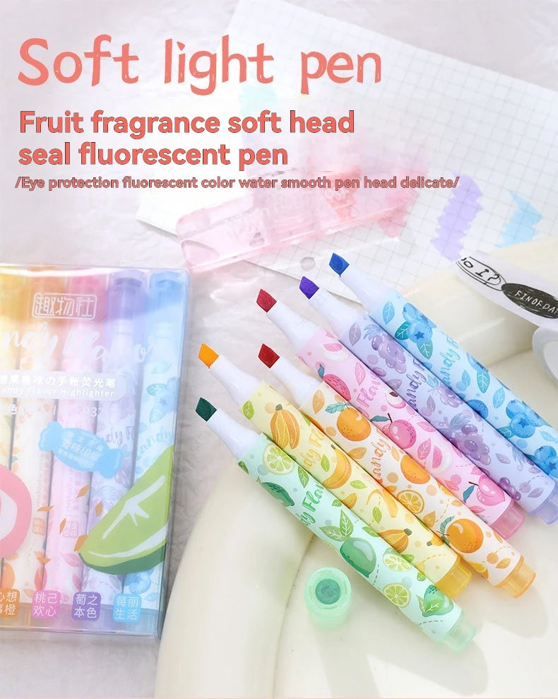 6 Colors Stamp Fruit Candy Aroma Seal Highlighter Set, Chisel Tip, Marker Pen Pastel Assorted Colors for Cute Kawaii Stationery Qme