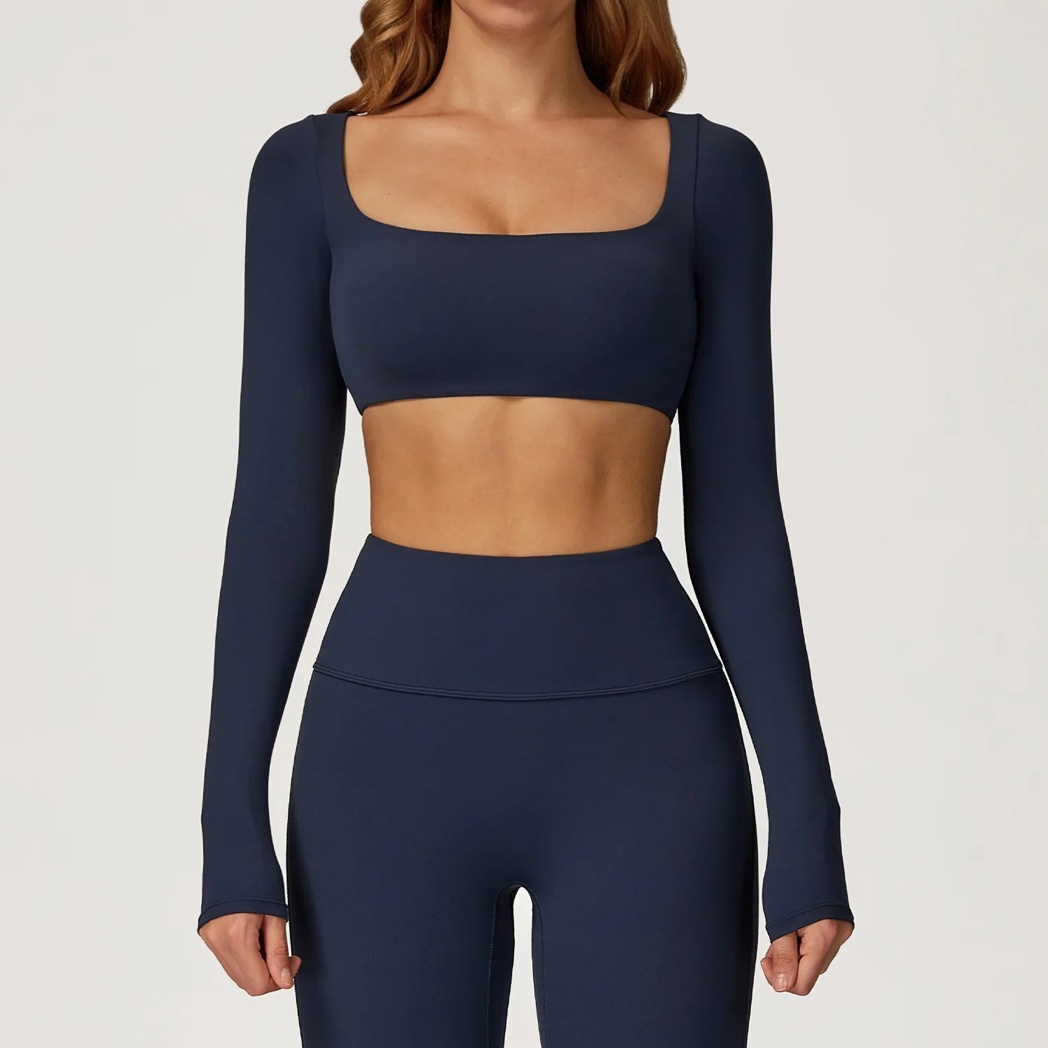 A Summer Casual Quick Dry Sportswear Women Square Neck Gym Top Women Fitness Sports Crop Top Long Sleeve Yoga Clothing Qme Cobalt blue XL