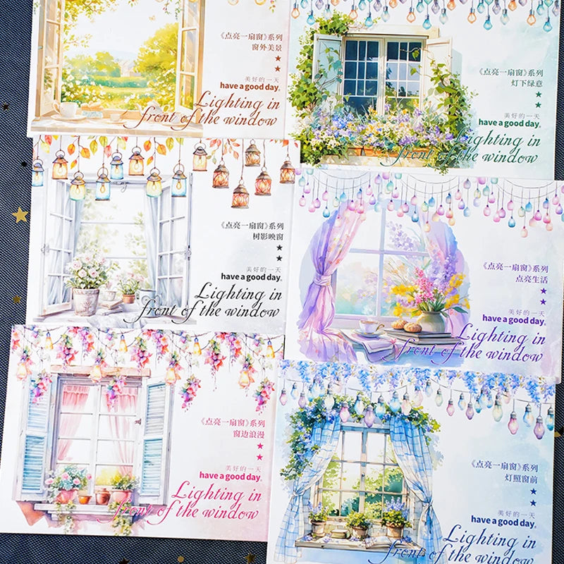 16 Sheets/Bag Window Frame Light Fringe PET Stickers Pack for Scrapbook Journal DIY Planner Phone Case Notebook Decoration Gift Qme