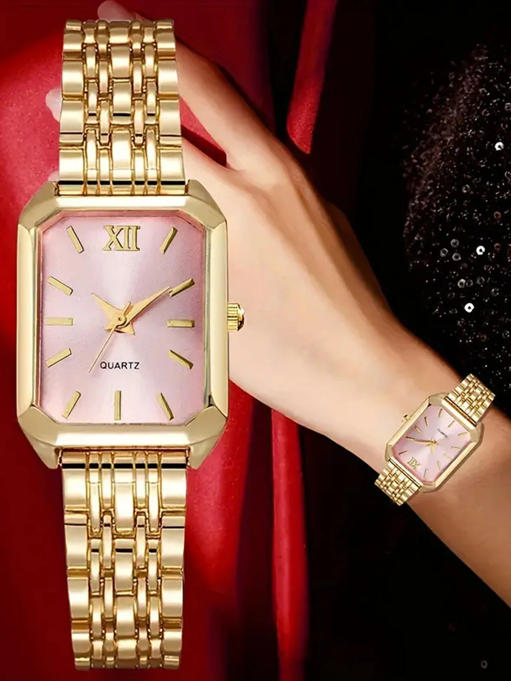 Light luxury steel strip women's watch pointer female student fashionable simple square quartz watch set Qme