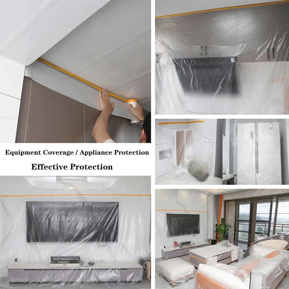 10M Pre-Taped Masking Film Plastic Dropping Cloth Cover Paint Protective Film for Covering Skirting, Frames, Cars, Dustproof Qme