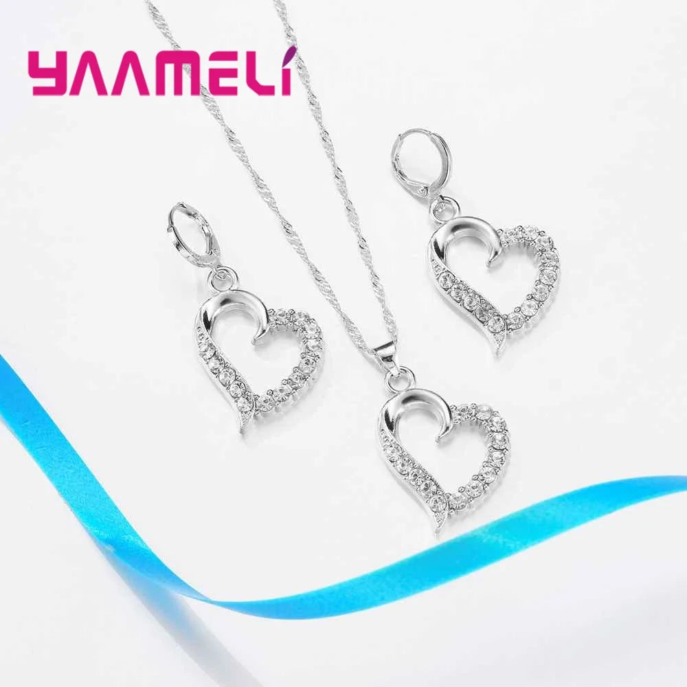 Birthday Valentines Gift Cubic Zircon Heart Pendant Jewelry Set 925 Sterling Silver Color Necklace Earring Women Wedding Sets Qme