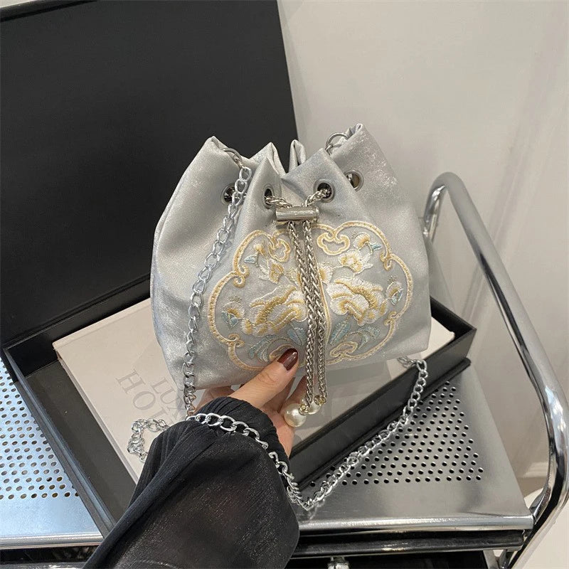Chinese Style Fine Embroidery Ladies Handbags Fashion Shoulder Bag Daily Party Tote Handbag For Women Qme Grey