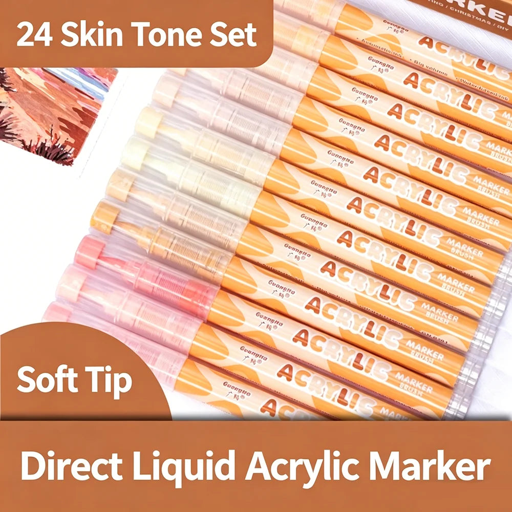 GN 24/48 Colors Brush Tip Acrylic Paint Markers Waterproof Permanent Ink for Canvas Stone DIY Craft Comic Coloring Art Supplies Qme