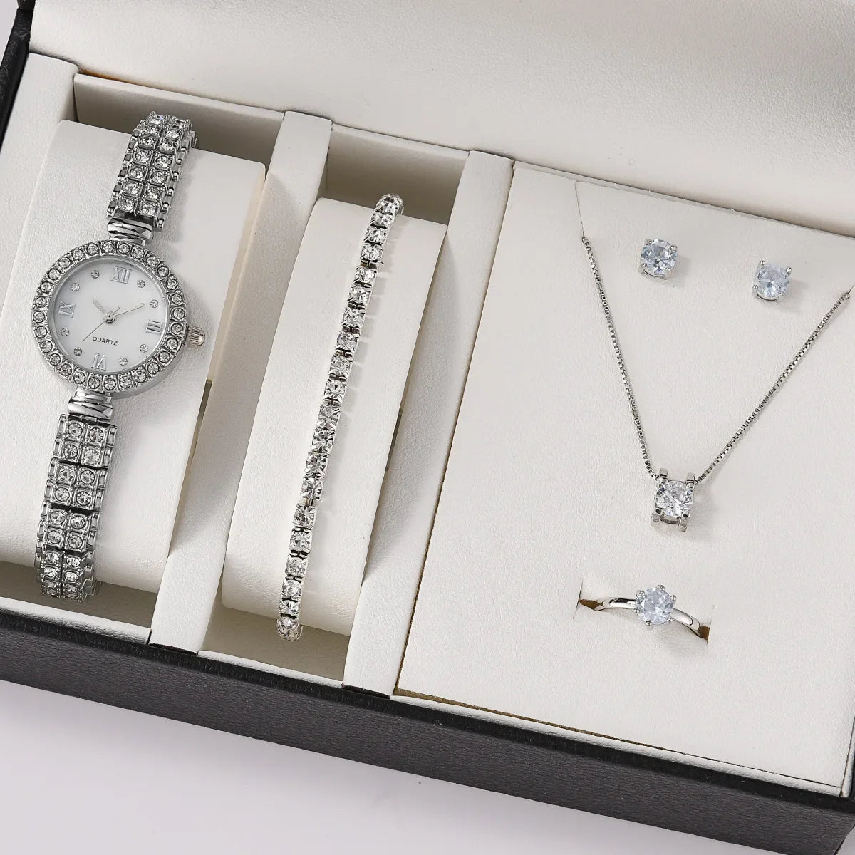 Women Quartz Watch Luxury with Diamonds Simple Stainless Steel Strap Clock Ring Necklace Earrings Rhinestone Set Reloj (no Box) Qme Y