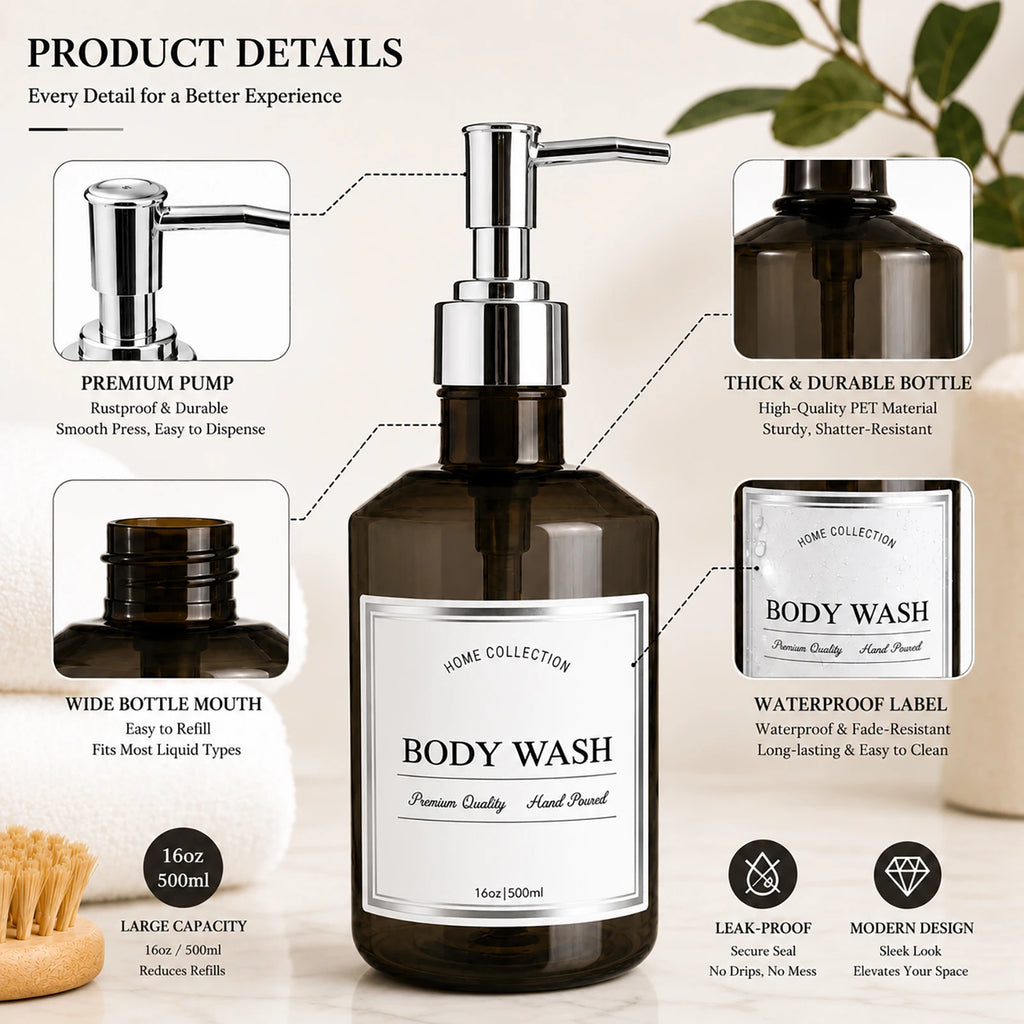 Refillable Shower Bottles Trans-Black Pump Dispenser for Bathroom Airbnb Salon Guest Bath Soap Dispenser Daily Bathroom Refills Qme