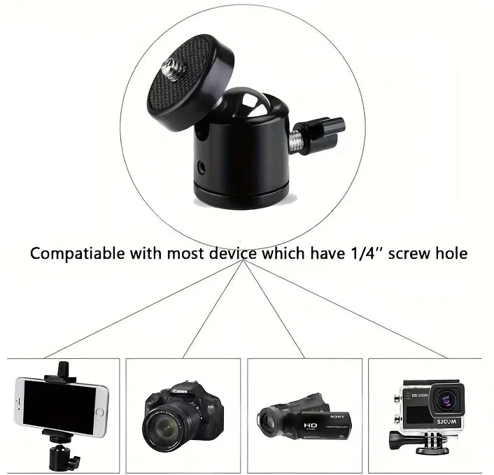 Mini Metal Ball Head Tripod Mount Adapter, 1/4 Inch Screw Swivel Ballhead for DSLR Camera Ring Light Phone Live Streaming Stand Qme
