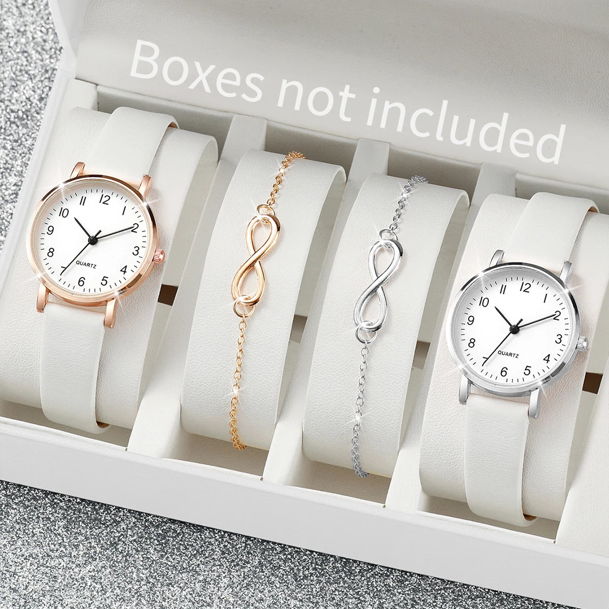 Women's Quartz Watch and Bracelet Set Without Box, Arabic Dial, Leather Bracelet, Fashion Watches, 4 Pieces Per Set Qme 2pcs