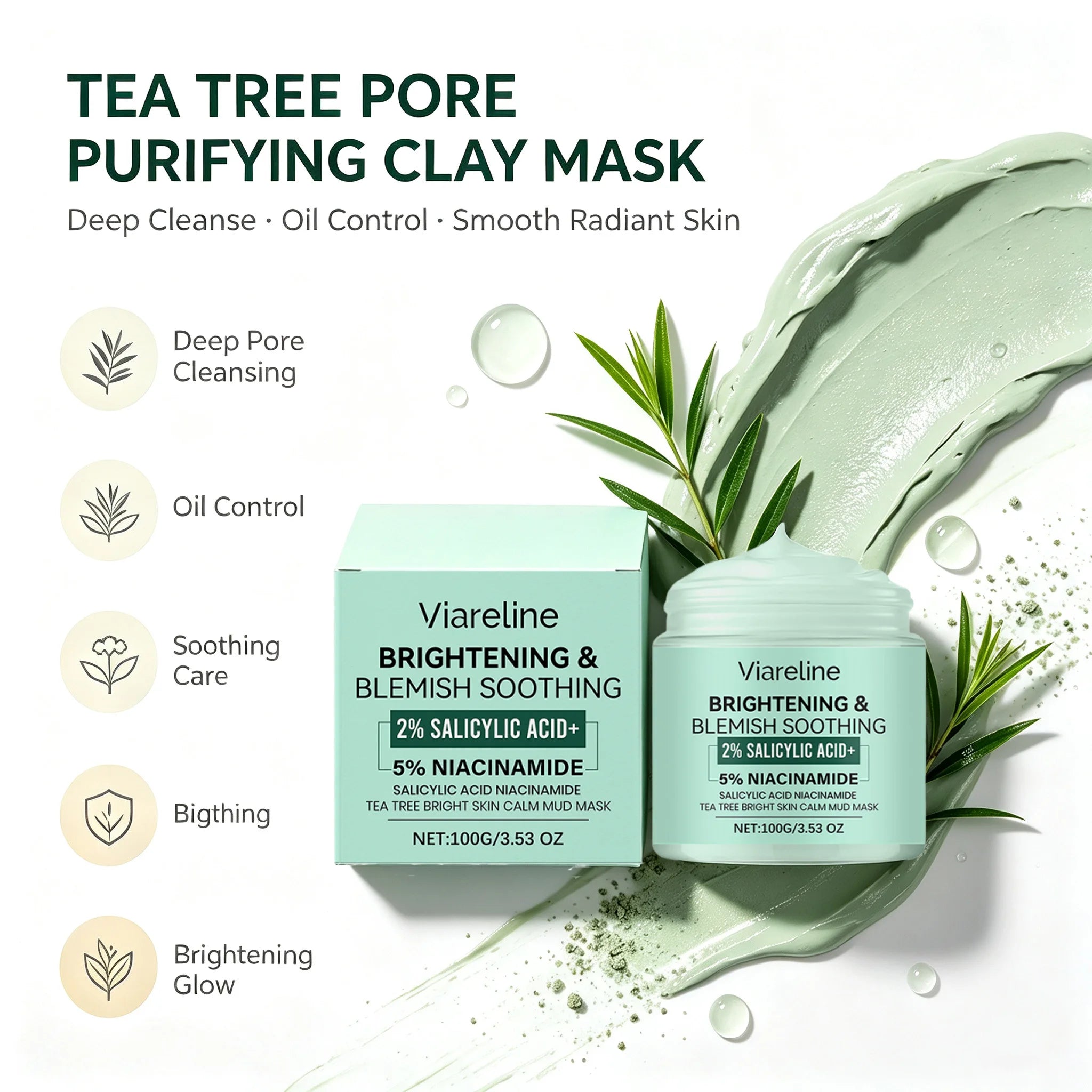 Tea Tree Clay Mask Cleaning Pore Purifying Blackhead Removal Control Oil Brightening Skin Care Facial Cleansing Mud Mask Qme