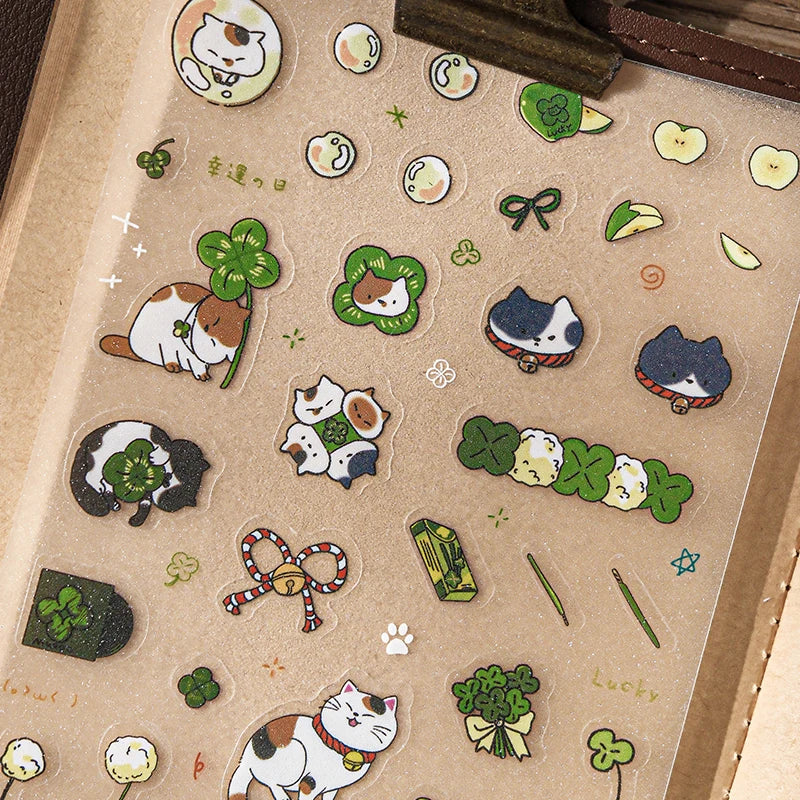 8Sheets Adorable Pets and Food Theme PET Stickers Precision Cut for Scrapbooking Journaling Decorate Phone Case Laptop DIY Qme