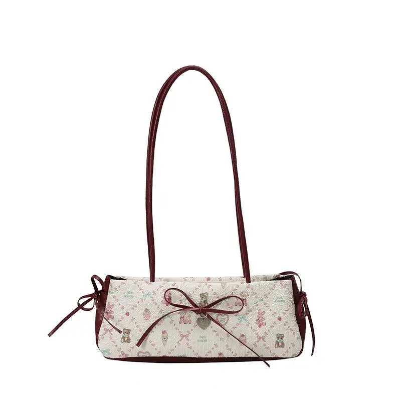 Sweet Bow Shoulder Bag Cartoon Print Underarm Bag Female Tote Bag Versatile Large Capacity Commuter Handbag Holiday Gift Qme Red