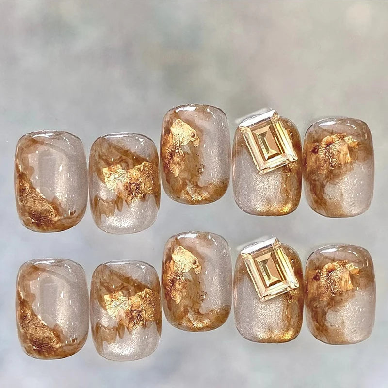 Autumn Winter Amber Brown Gold Foil Removable False Nails Square Qme GJ-CDJ-ZB101-S