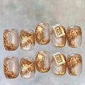 Autumn Winter Amber Brown Gold Foil Removable False Nails Square Qme GJ-CDJ-ZB101-S