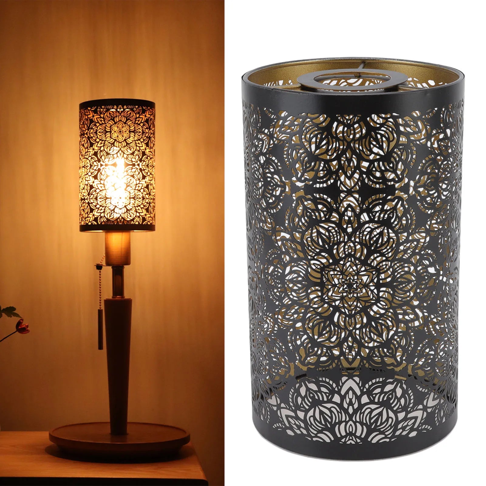 Lamp Shade Cylindrical Circular Pattern Black Lamp Shade Detachable Interventional Installation Wrought Iron for Nightstand Qme