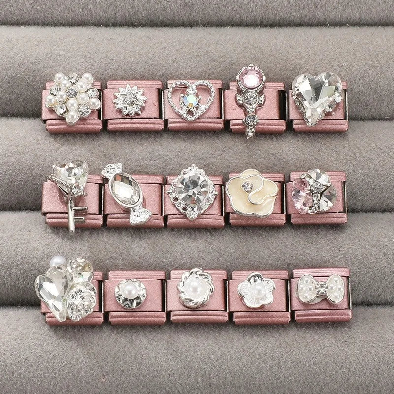 2025 New Sweet Zircon Bright Flowers Heart Bows Pink DIY Making Bracelet Women Men Stainless Steel 9mm Italian Charm Links Fit Qme