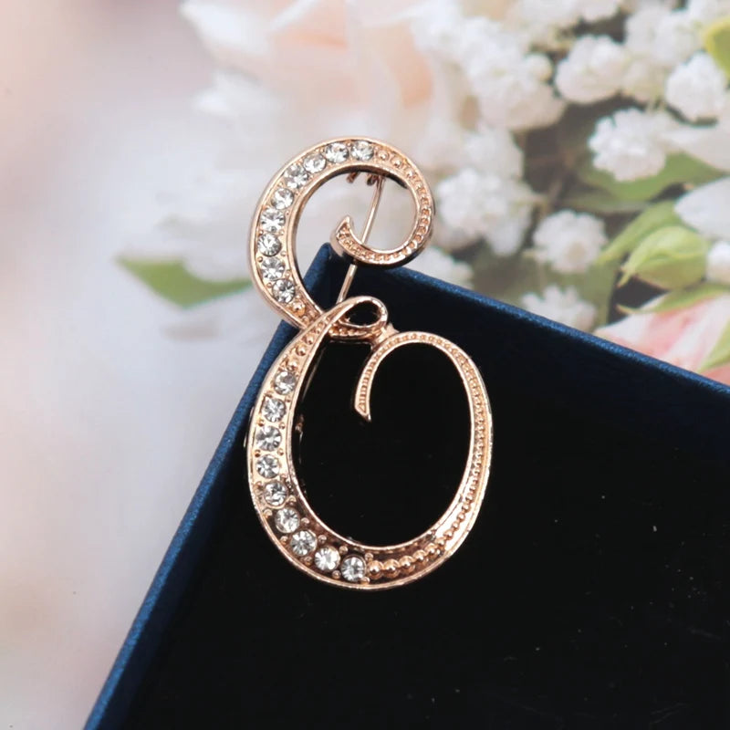 Fashion Women Rhinestone Brooch A-z English Letter Gold Metal Pins
