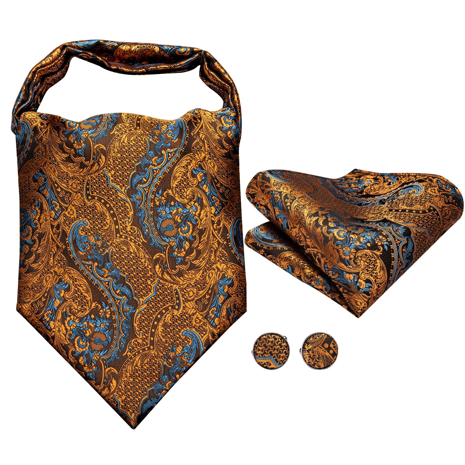 Hi-tie Silk Men's Ascot Pocket Square Cufflinks Jacquard Floral Qme