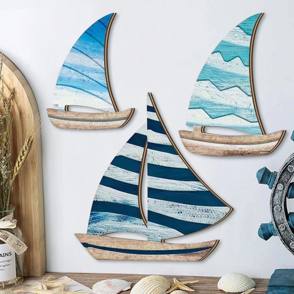 1 set of 2D blue ocean style sailboat wooden wall decoration, Mediterranean style farmhouse wall decoration, home decoration Qme Default Title