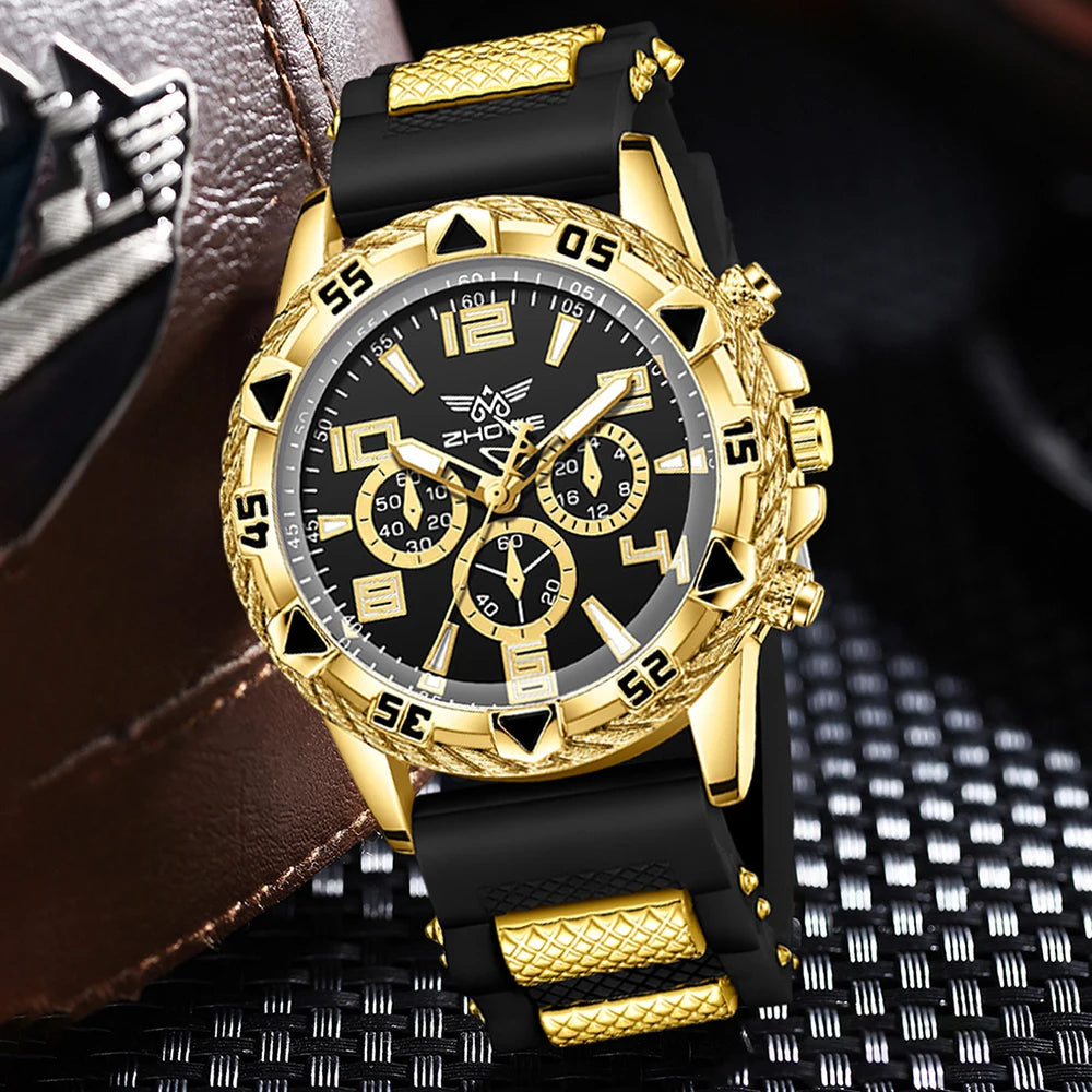 4PPC Gold shell black tape three eye men's sports watch Cuban chain cross necklace hollow ring four piece set Qme