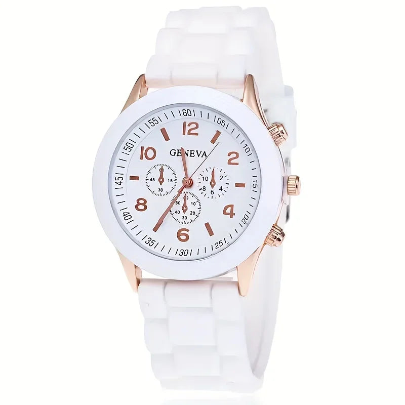 Stylish Round Pointer Quartz Watch, Triple Dial Silicone Watchband Sports Wristwatch For Women And Men, Ideal choice for Gifts Qme white