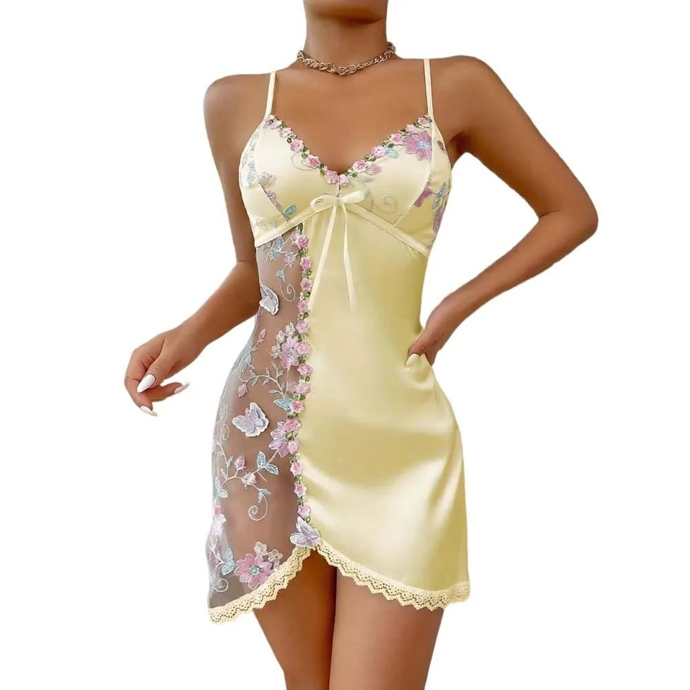 Thin Lace Bow Women's Pajama Dress Embroidered Mesh Transparent Ice Qme Yellow L