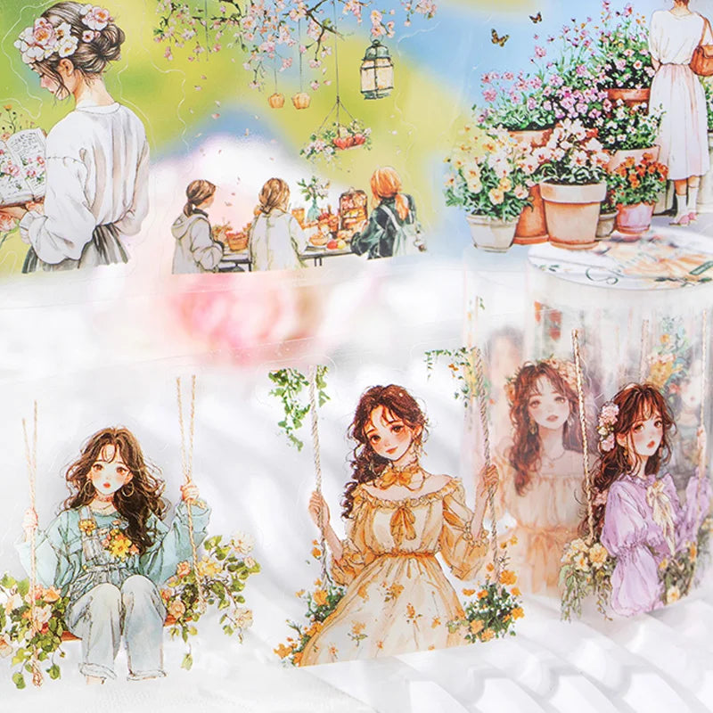 Sticker Tape 60mm*2m Spring Garden Girl PET Die-Cut Tape Scrapbook DIY & Handbook Mobile Phone Case Notebook Decoration Qme