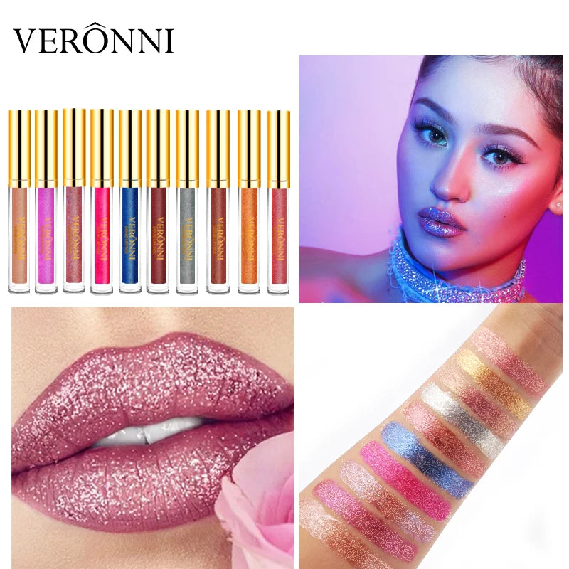 VERONNI Diamond Pearlescent Lip Gloss 10 Colors Non-stick Mermaid Qme