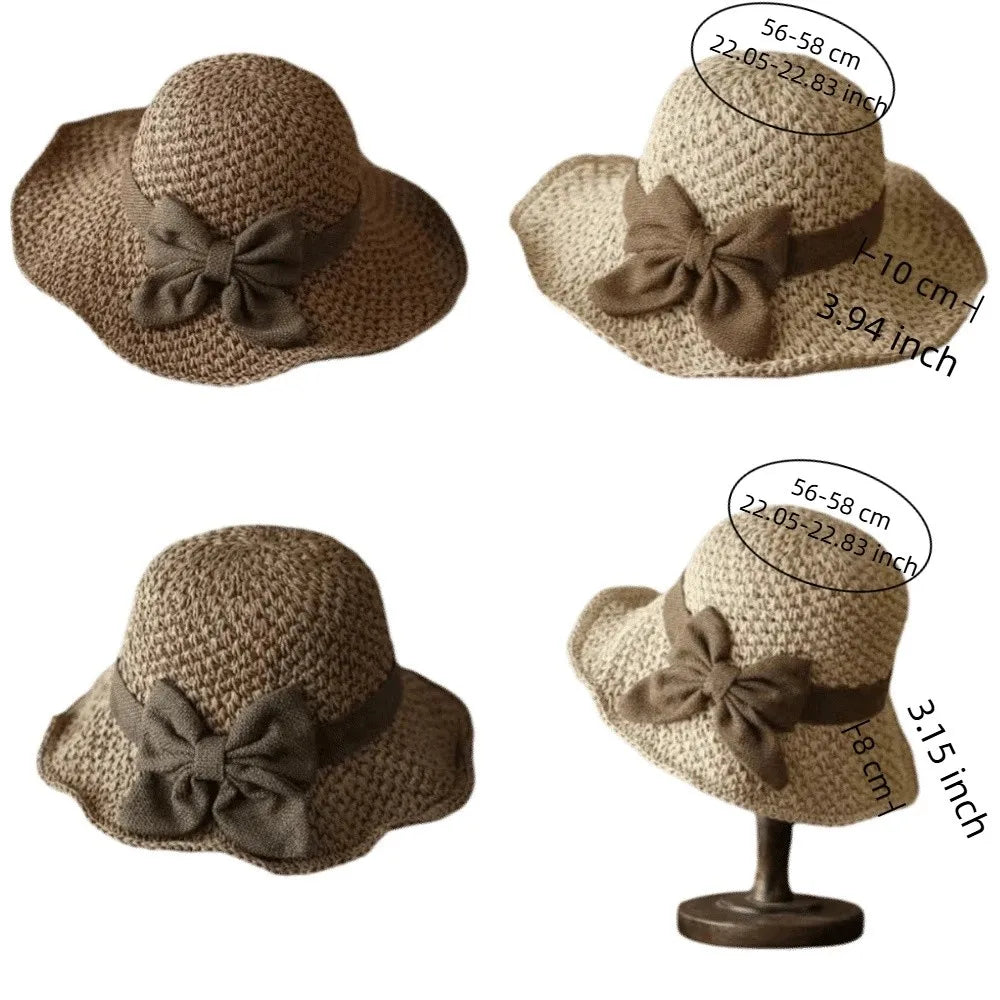 Vintage Wide Brim Beach Straw Hat Bowknot Breathable Sunshade Bucket Qme