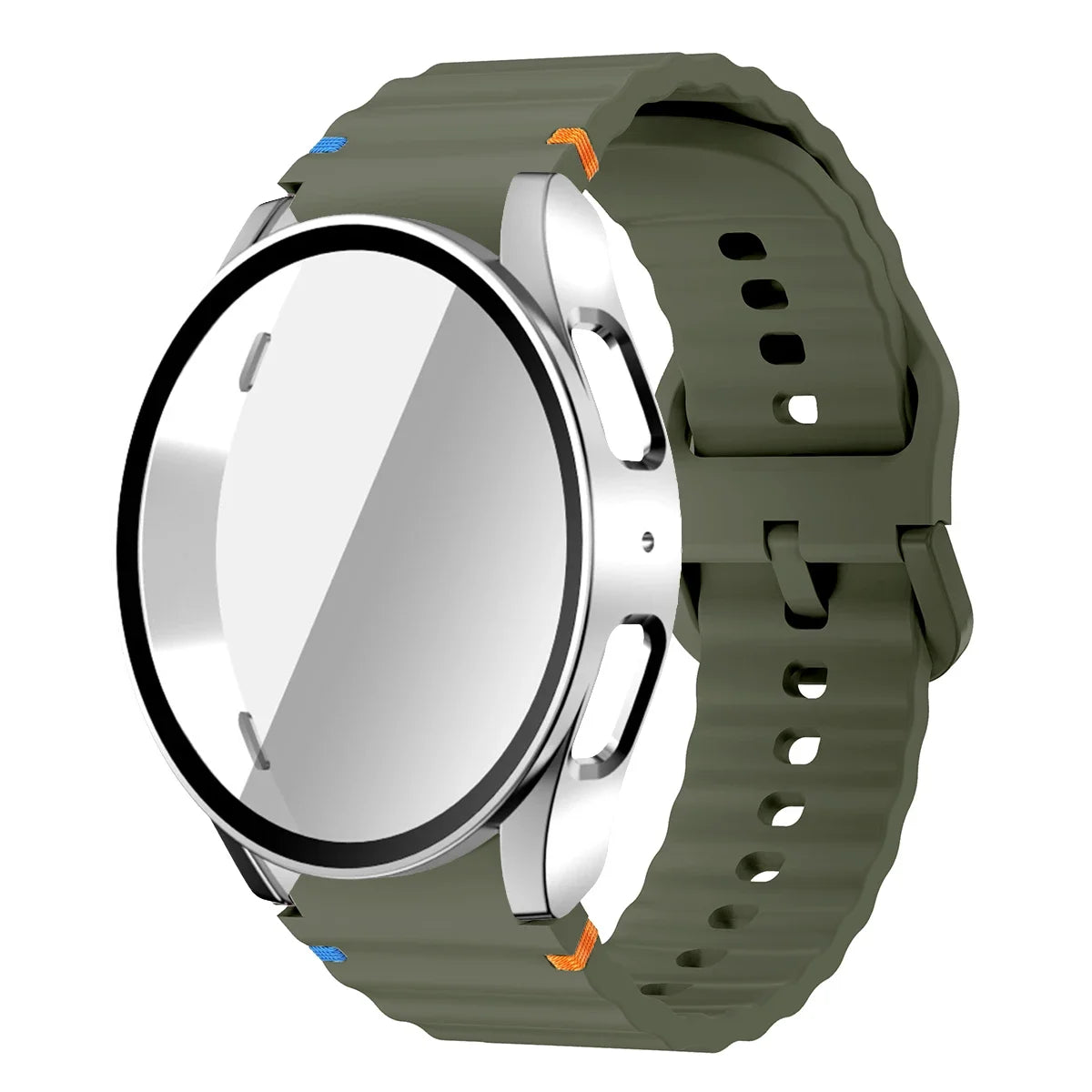 Silicone Strap for Samsung Watch 7 6 5 4 40mm 44mm 5Pro 45mm Band With Case Screen Protector Bumper cover for Wrist Accessories Qme Green-Silver Watch 6 Classic 43mm