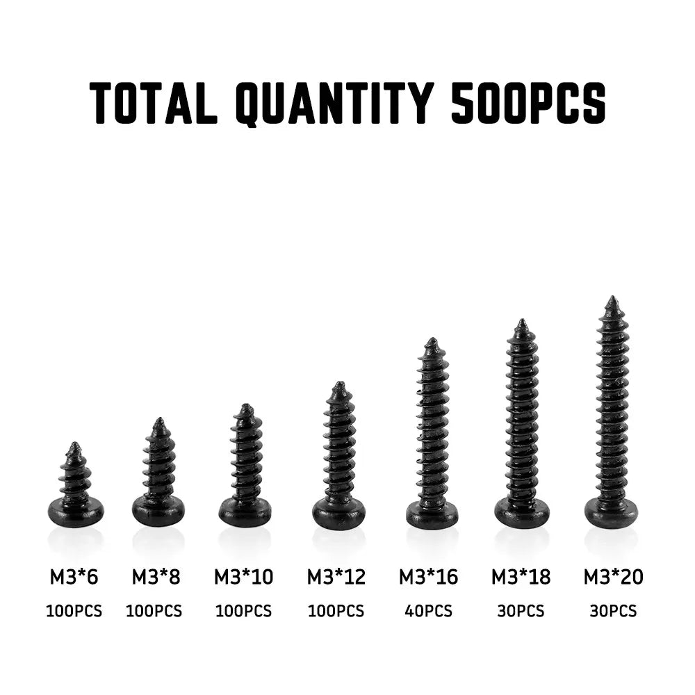 500/340/200PCS M3 Screw Cross Head M3/M4/M3.5/M4.8 Self Tapping Screw Black Carbon Steel Pan Head Round Head Screw Combination Qme