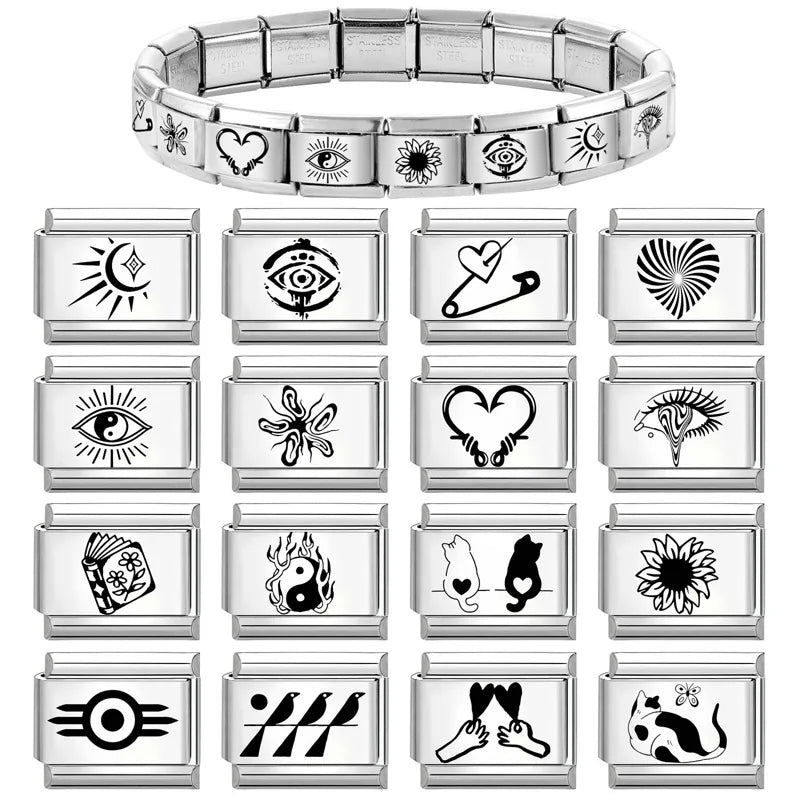 Creative Laser Engraving Taichi Eyes Sunflower Cats Birds Italian Charm Links Fit 9MM Stainless Steel Bracelet DIY Making Gift Qme